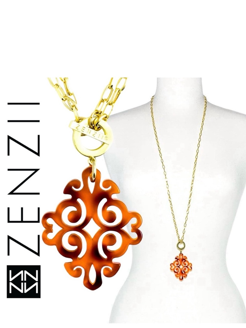 ZENZII Tortoise Shell Acrylic Resin Adjustable Gold Chunky Chain Necklace NWT